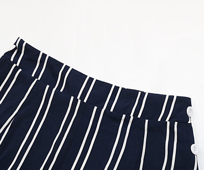 Perfee Striped Slit Wide Leg Pants - Dark Blue - View 9