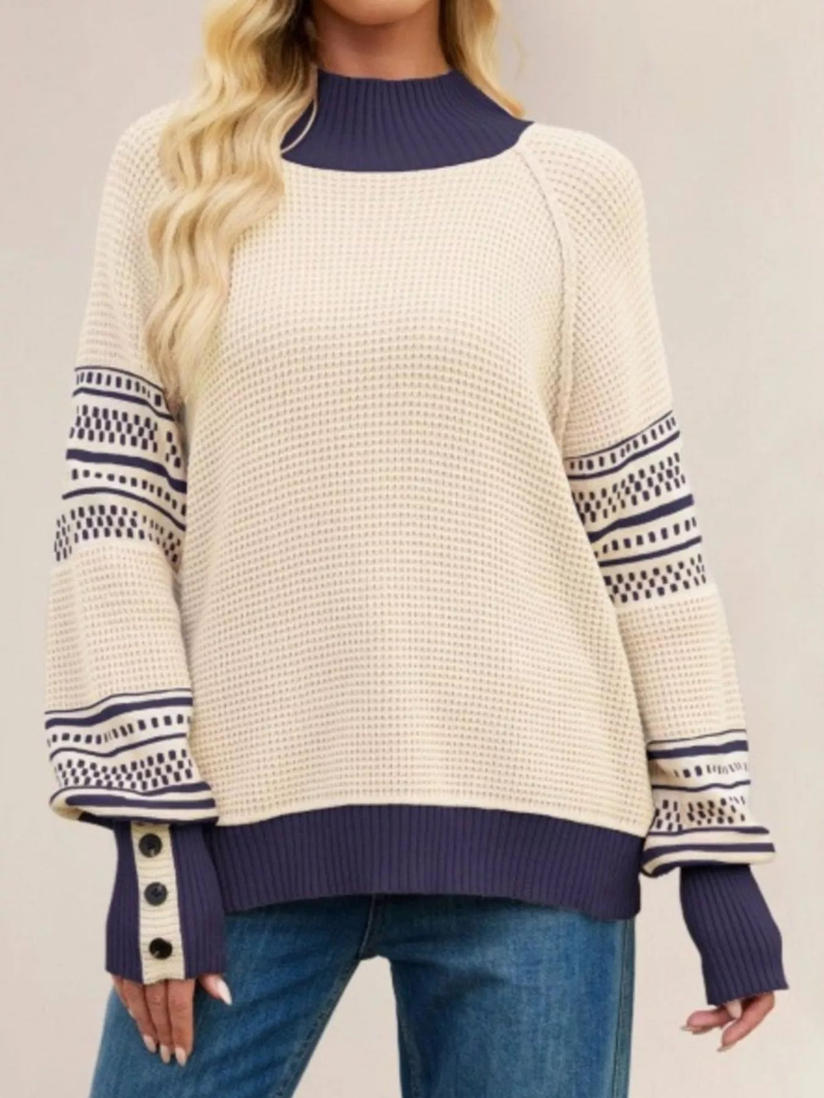 Waffle Knit Mock Neck Sweater - Cream - View 1