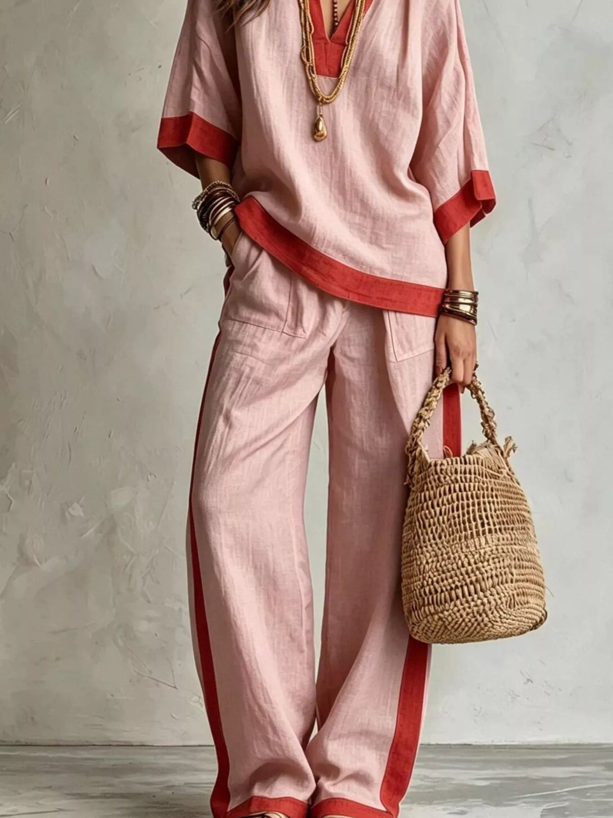 Full Size Contrast Trim Top and Wide Leg Pants Set Plus Size - Blush Pink - View 3