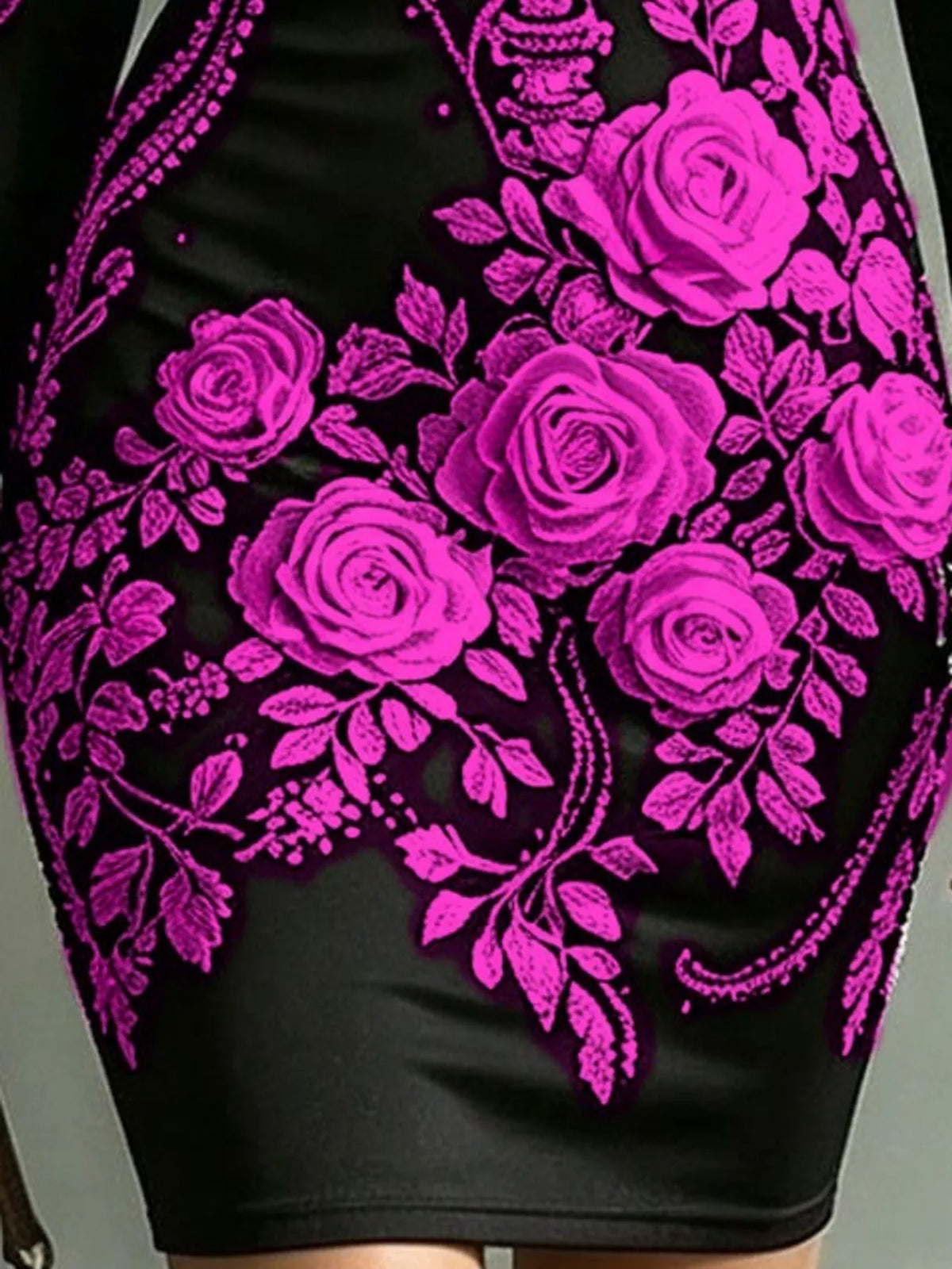 Skeleton Floral Long Sleeve Bodycon Dress - Magenta - View 14