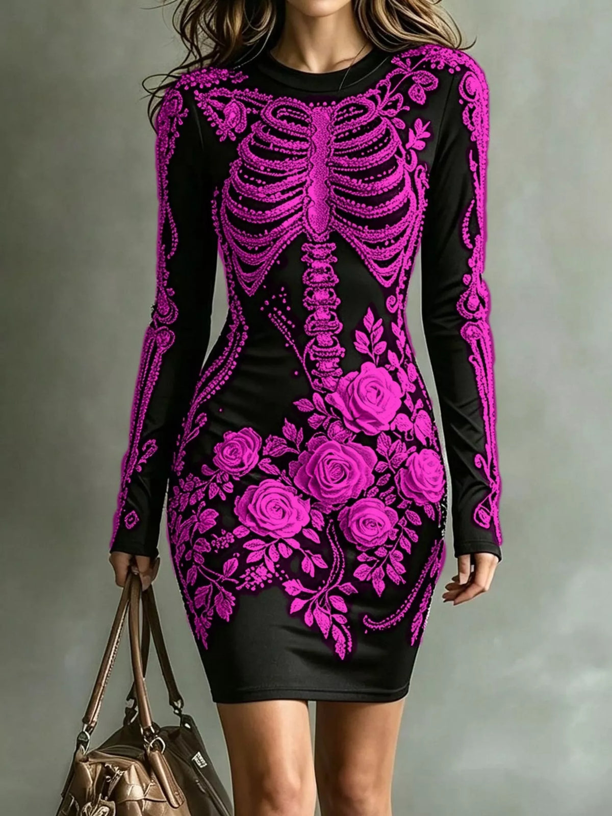 Skeleton Floral Long Sleeve Bodycon Dress - Magenta - View 12