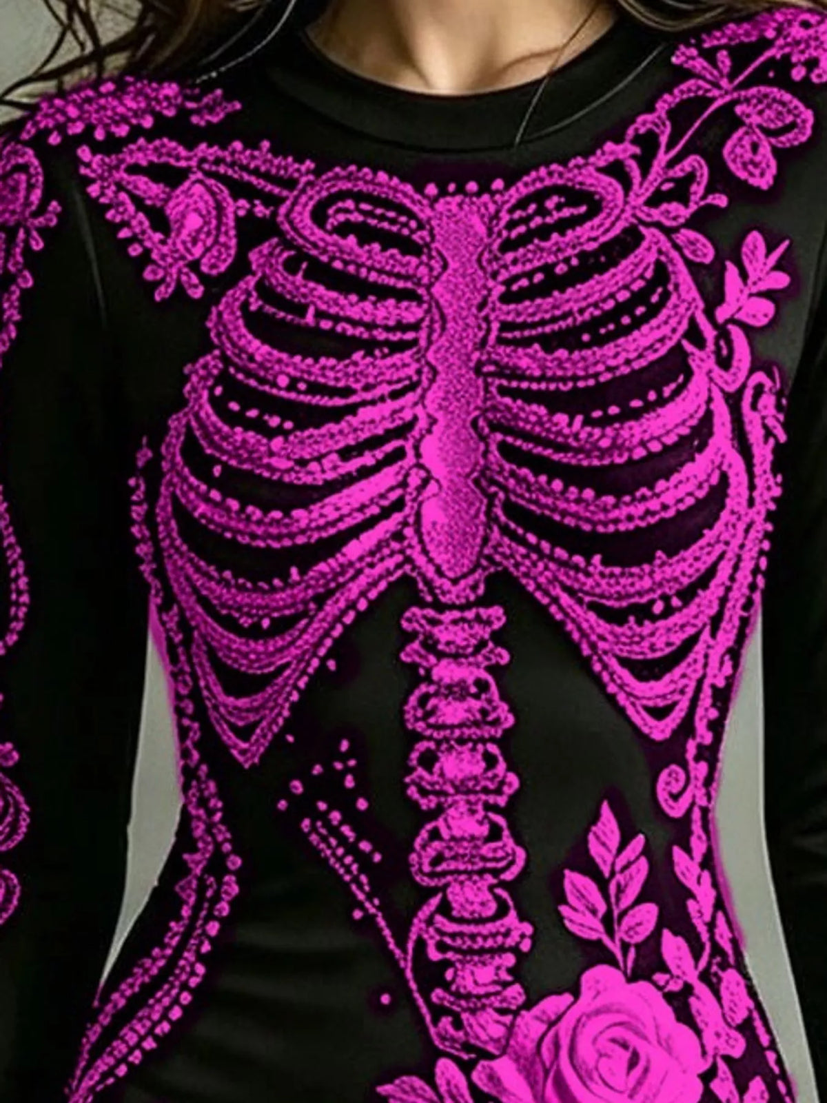 Skeleton Floral Long Sleeve Bodycon Dress - Magenta - View 13