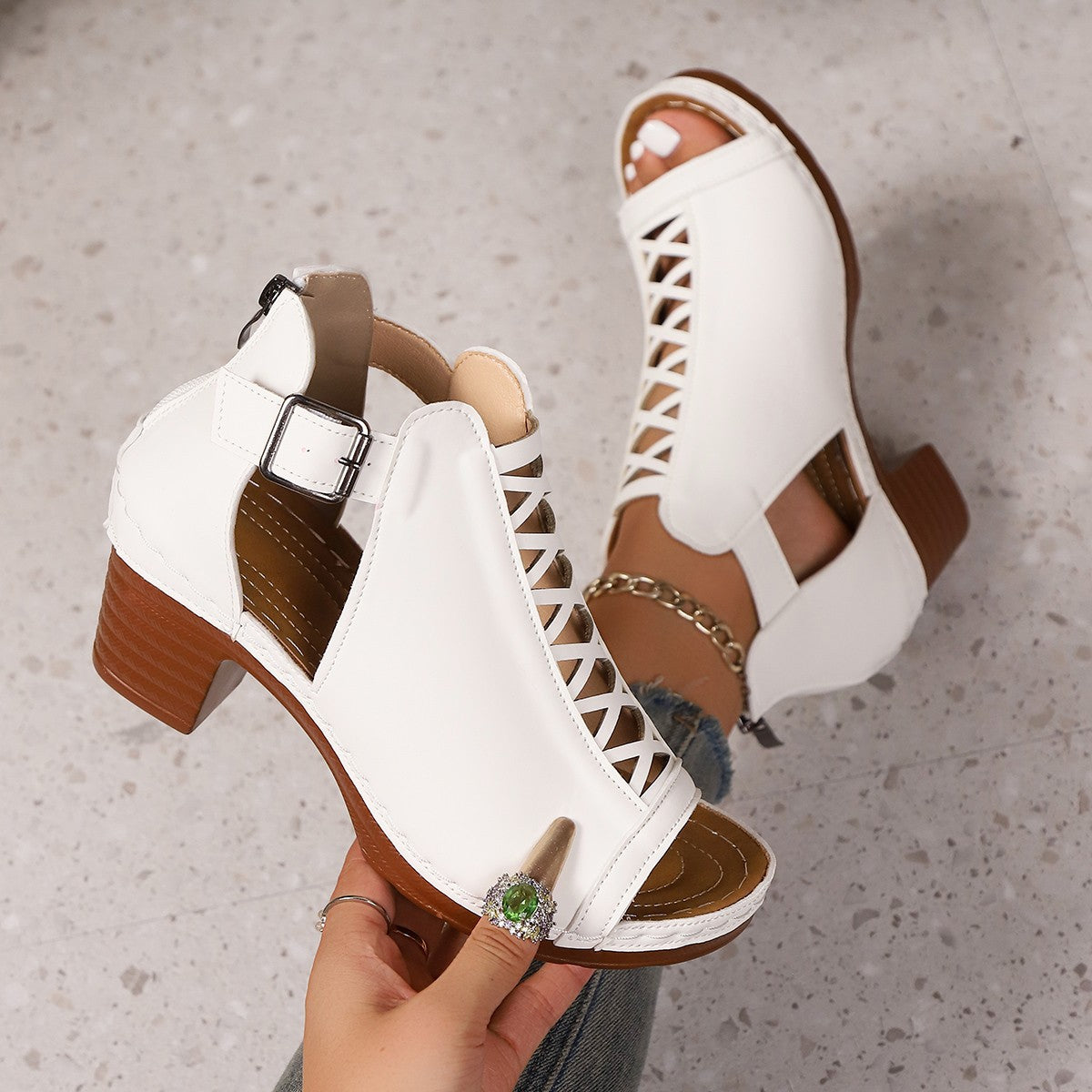 Open Toe Block Heels Sandals - White - View 7