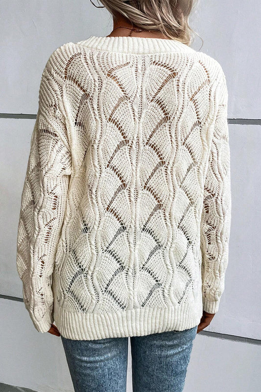 Beige Hollow Out Knit V Neck Drop Shoulder Sweater - Beige - 2