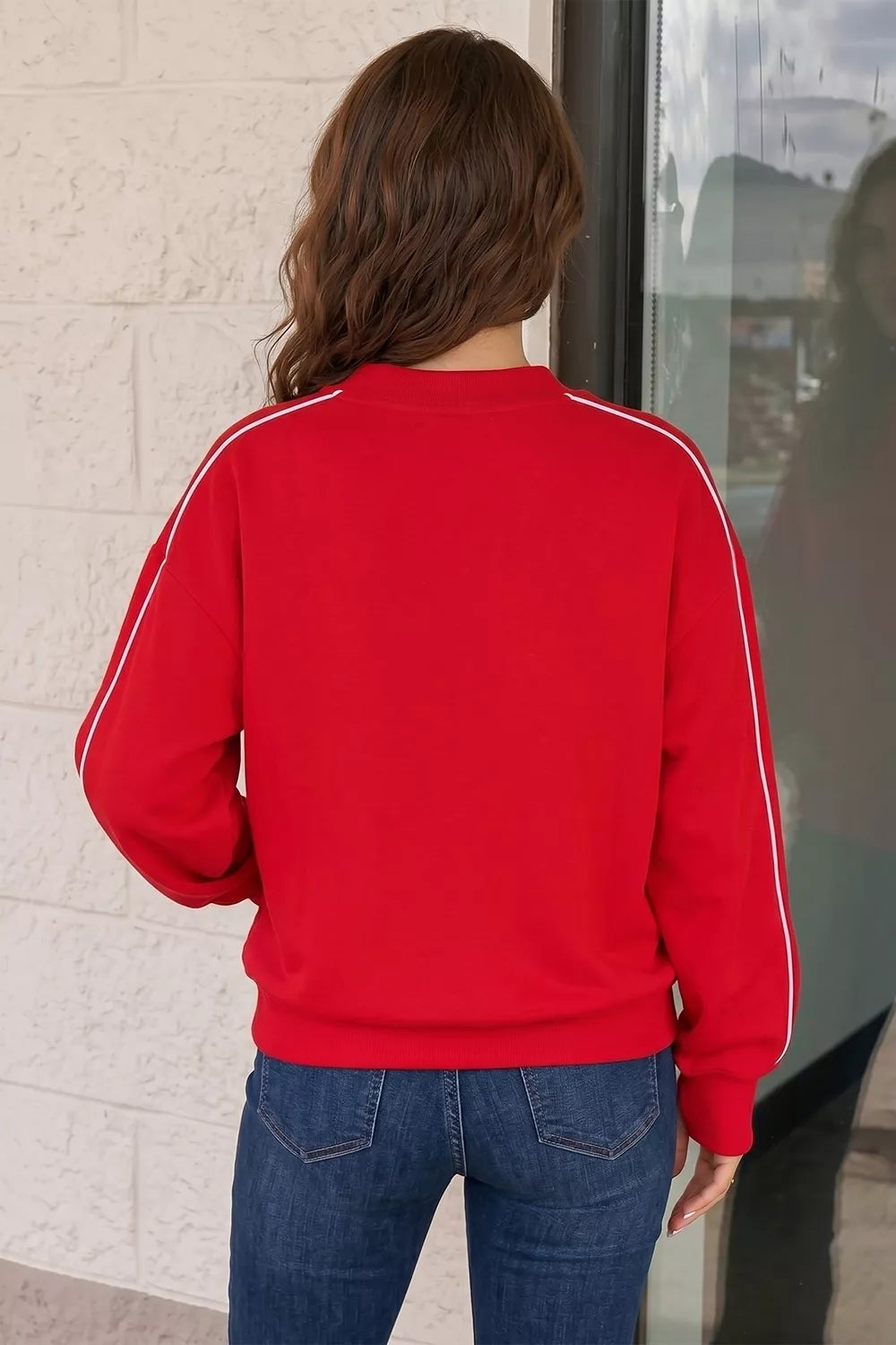 Stand Neck Long Sleeve Regular Fit Sweatshirt - Red - View 2
