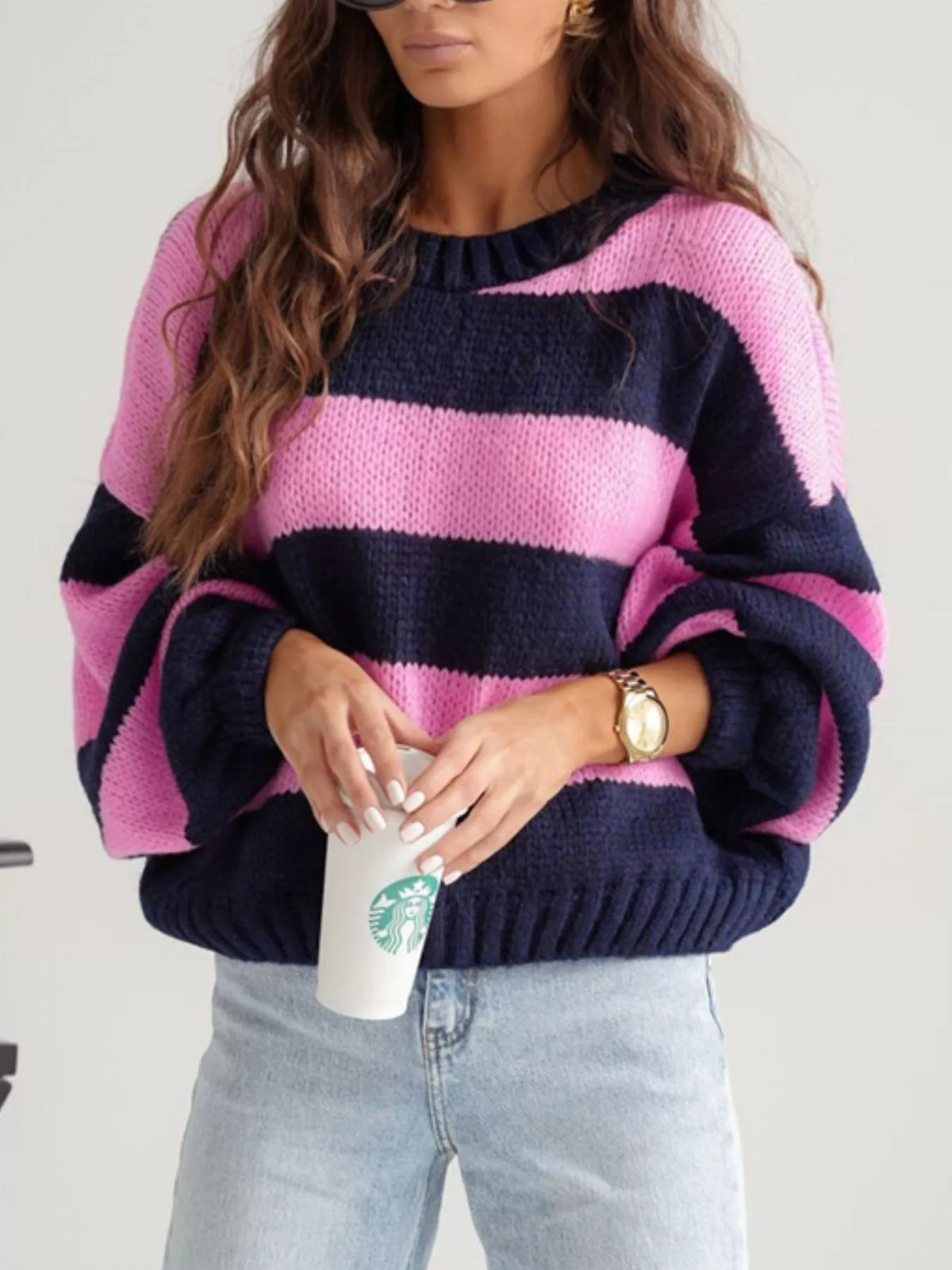 Striped Dropped Shoulder Sweater - Coffee Powder - View 2