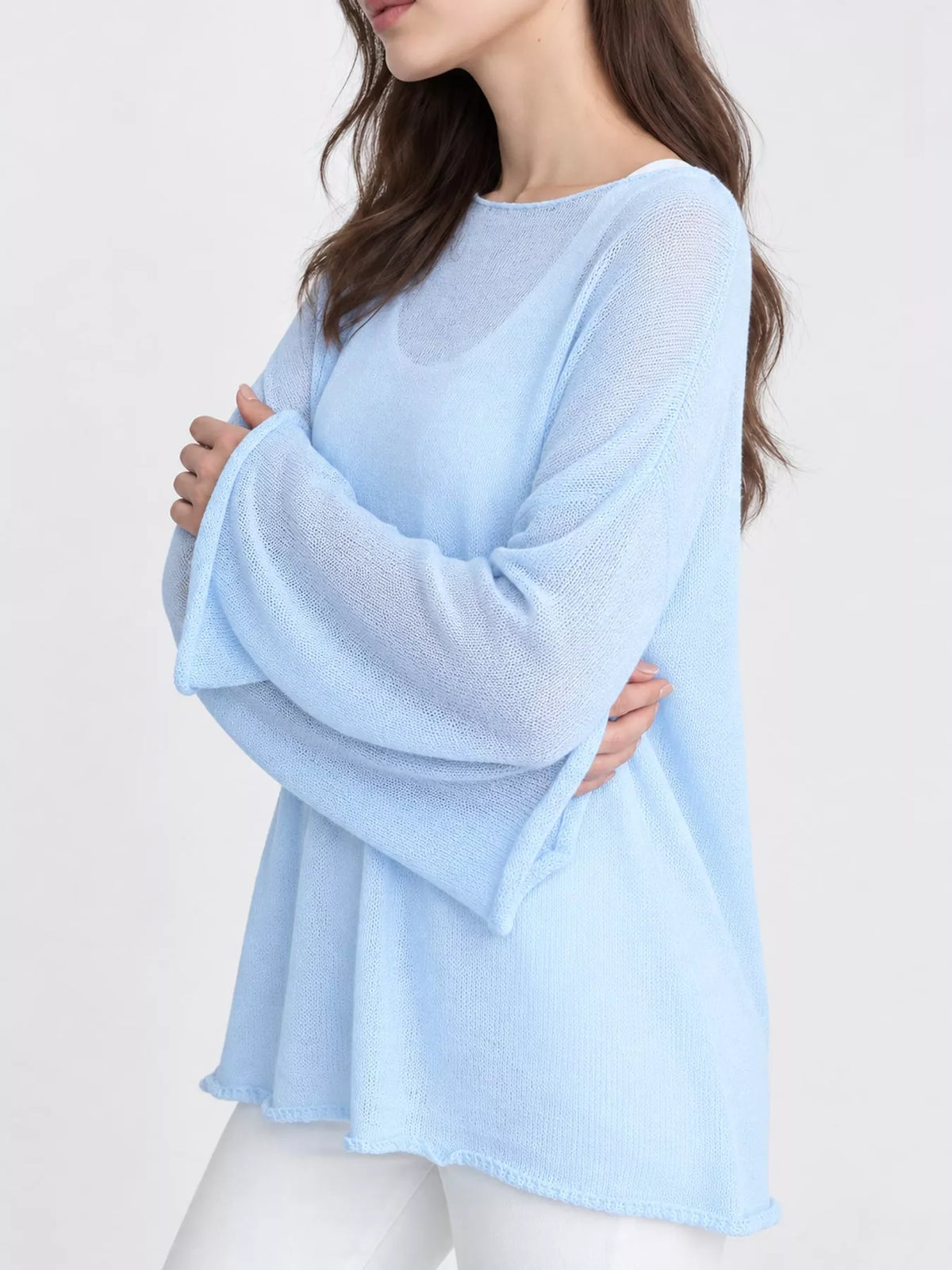 Full Size Sheer Lightweight Knit Top Plus Size - Sky Blue - View 76