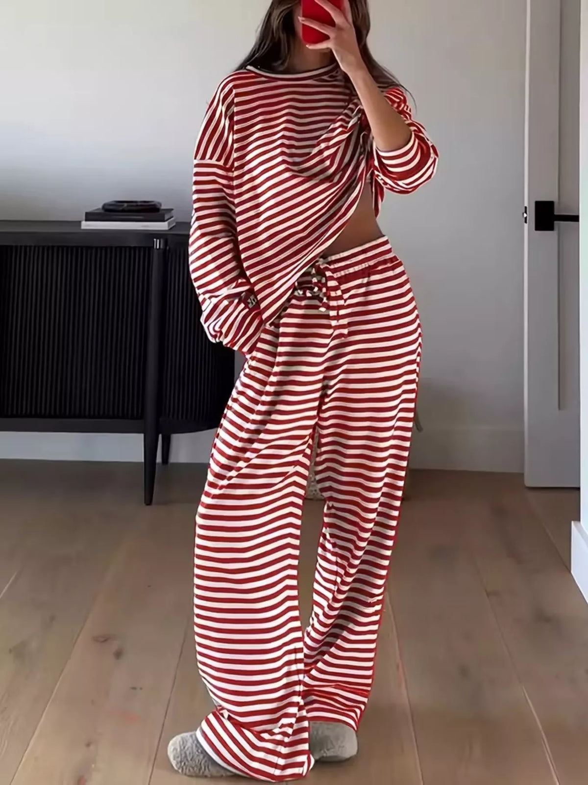 Striped Long Sleeve Top and Pants Set - Red - View 3