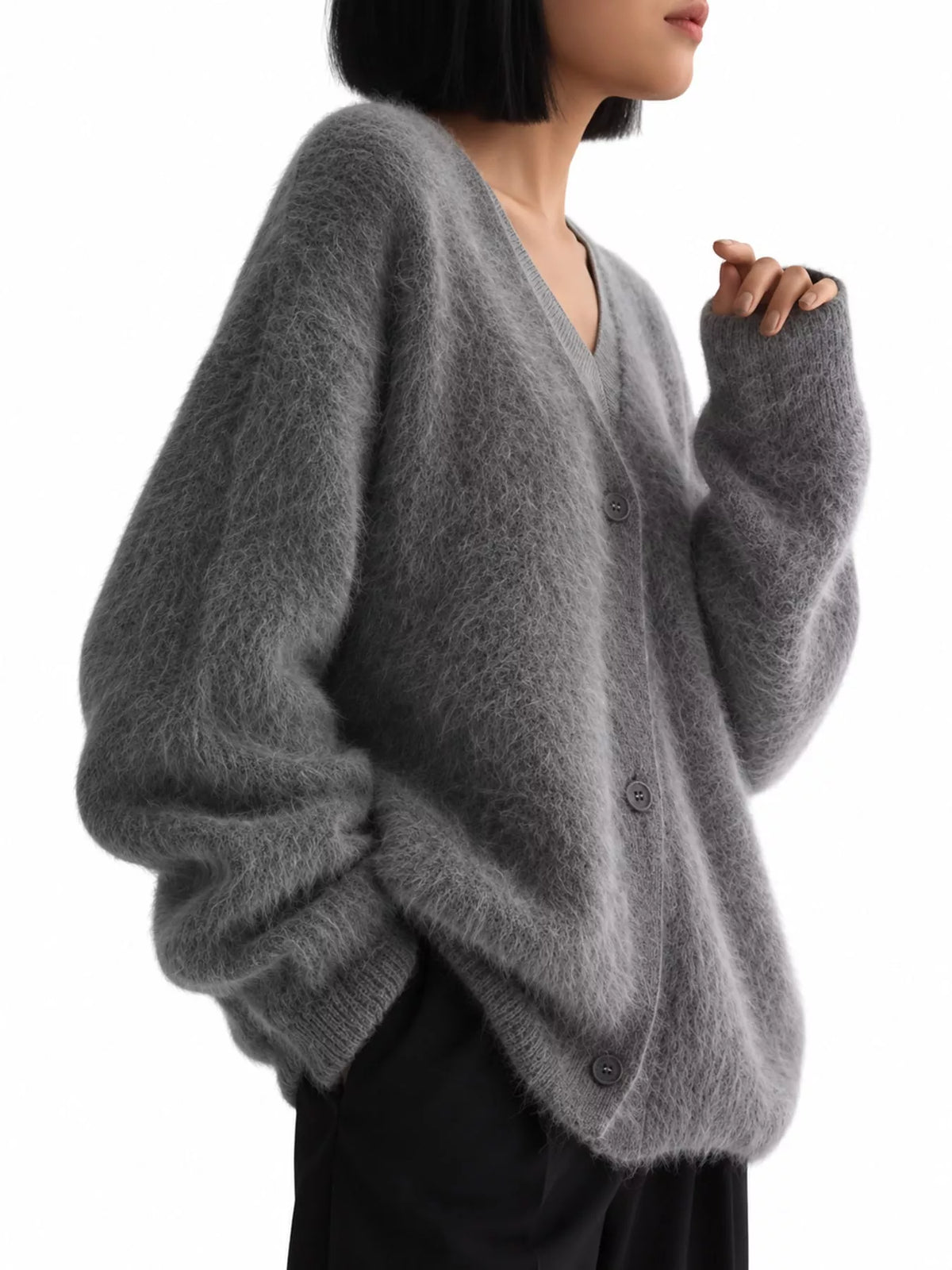 Fuzzy V-Neck Button-Down Cardigan - Gray - View 7
