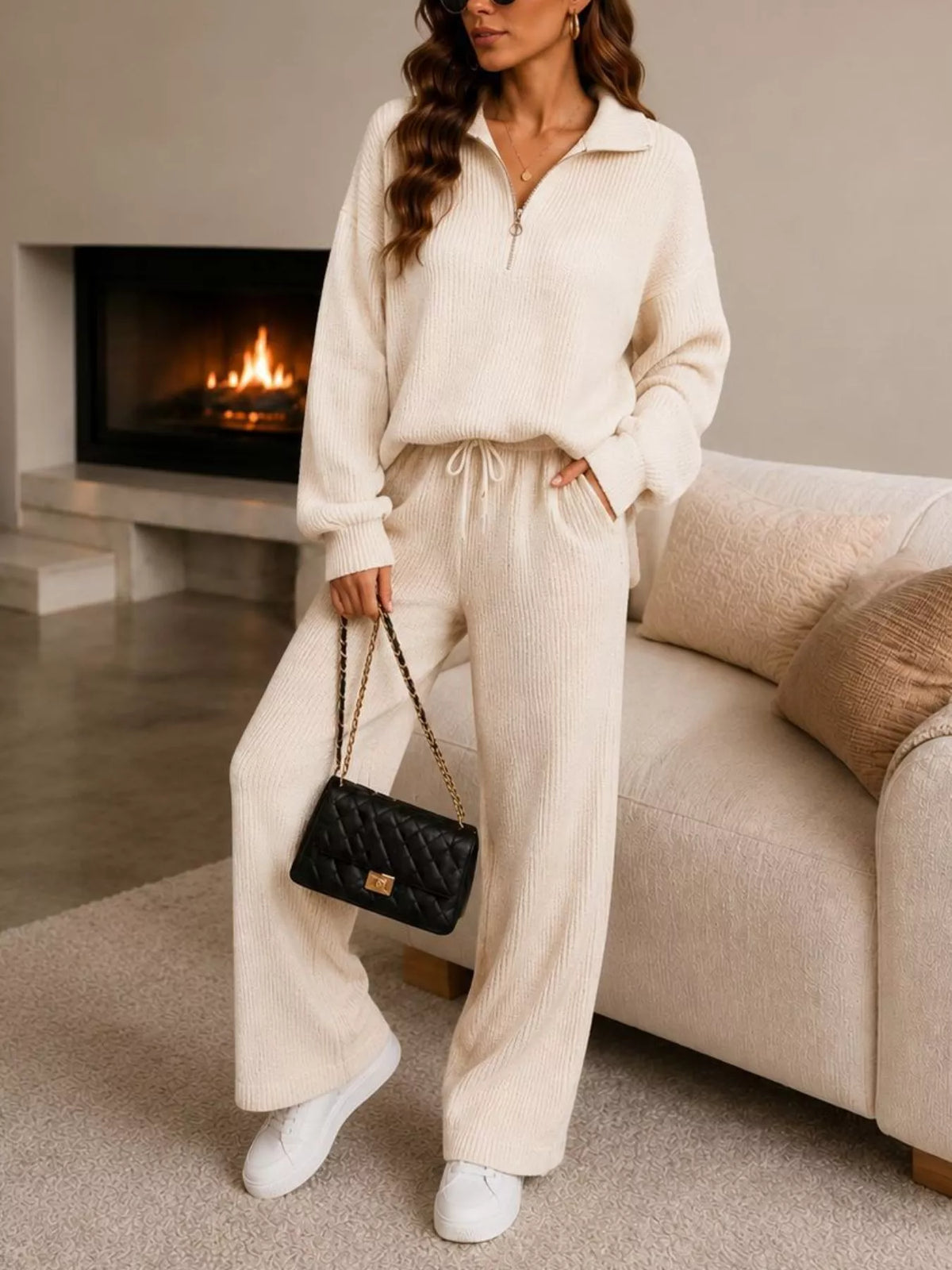 Ribbed Knit Quarter-Zip Top and Wide-Leg Pants Set - Cream - View 1