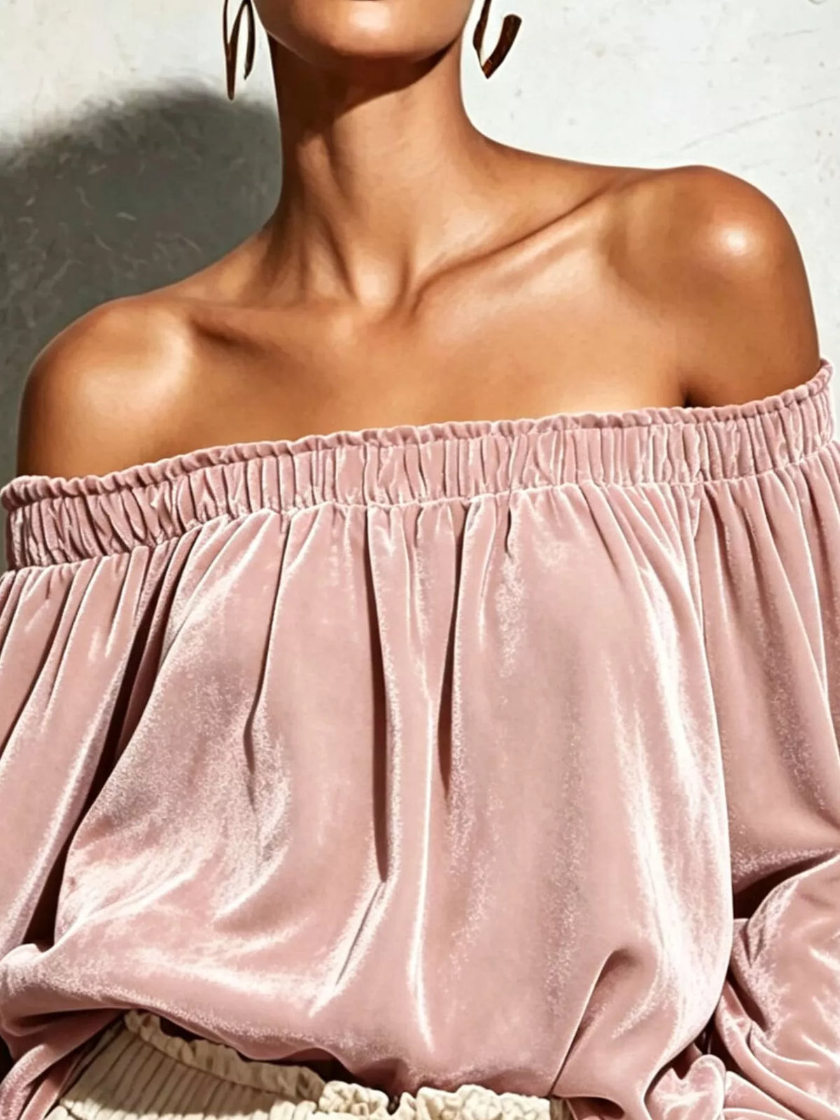 Off-Shoulder Velvet Long Sleeve T-Shirt - Pale Blush - View 2