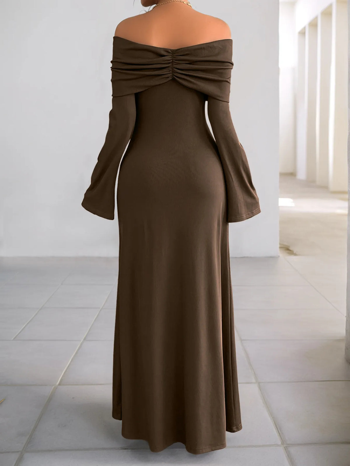 Off-Shoulder Long Sleeve Bodycon Maxi Dress - Coffee Brown - View 6