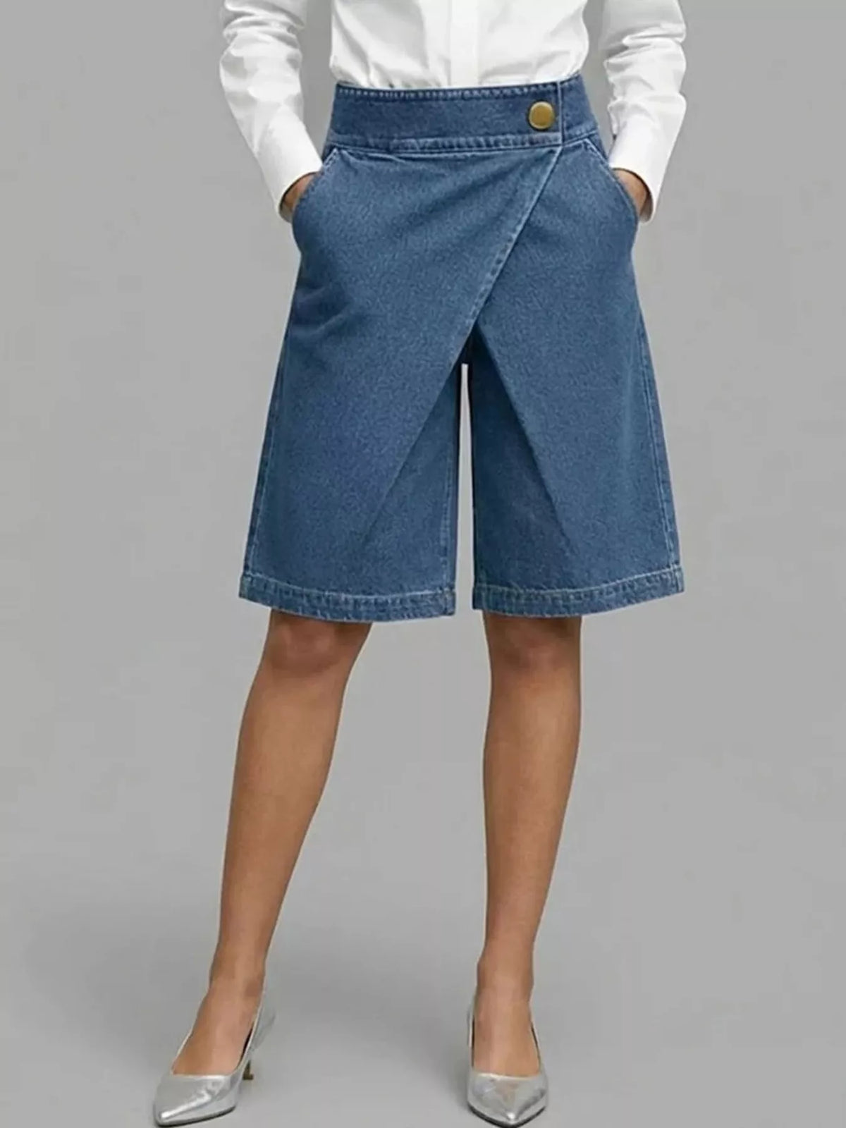 Full Size High-Waisted Wrap-Front Denim Look Shorts Plus Size - Dusty Blue - View 1