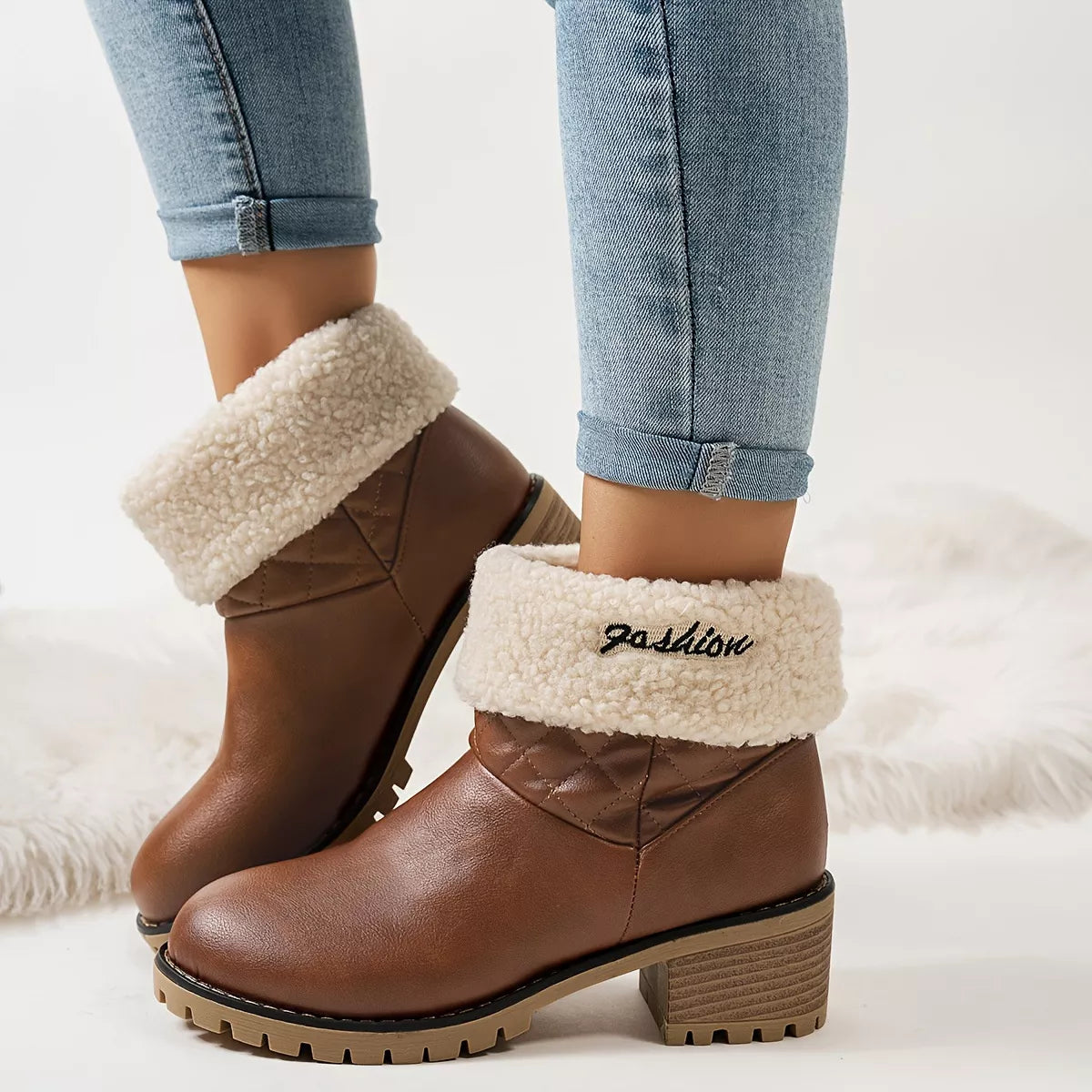 Round Toe Block Heels Boots - Brown - View 1