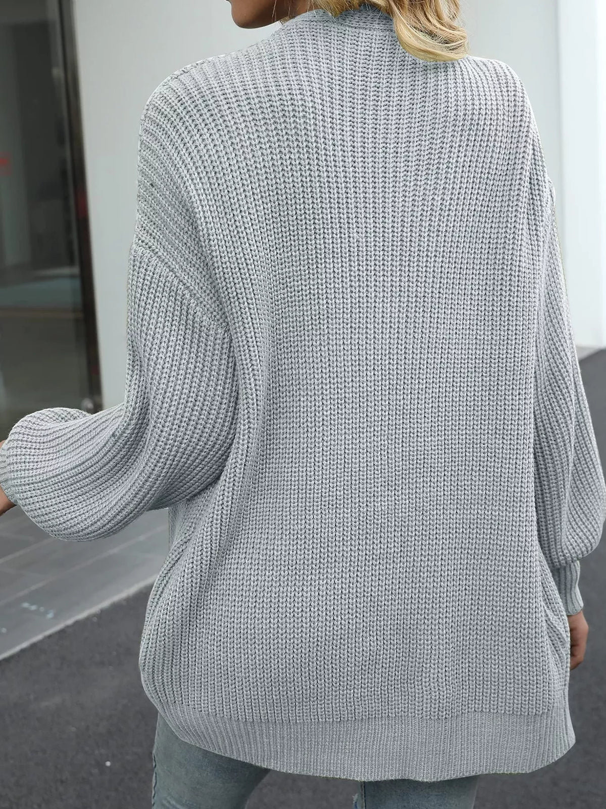 Chunky Knit Open Front Cardigan with Lantern Sleeves - Light Gray - View 18