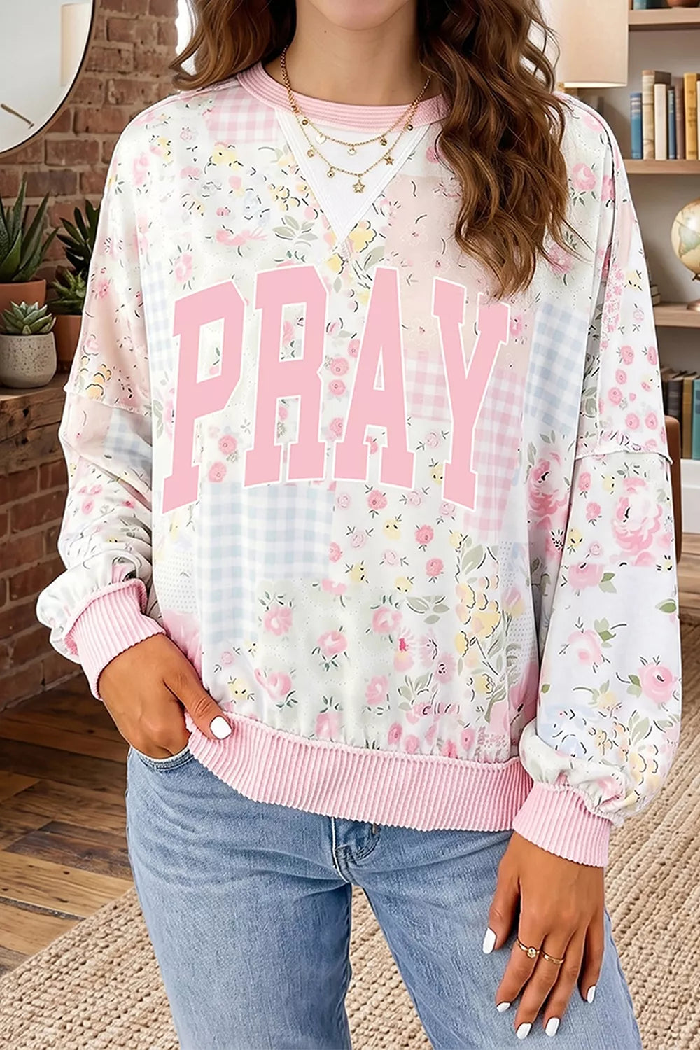 PRAY Graphic Floral Mixed Print Patchwork Top - Dusty Pink - View 1