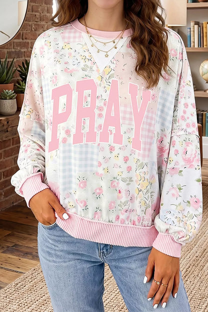 PRAY Graphic Floral Mixed Print Patchwork Top - Dusty Pink - View 1