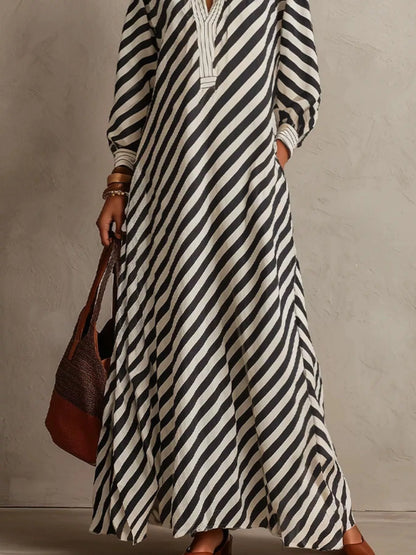Striped Long Sleeves Maxi Dress - Black - View 3