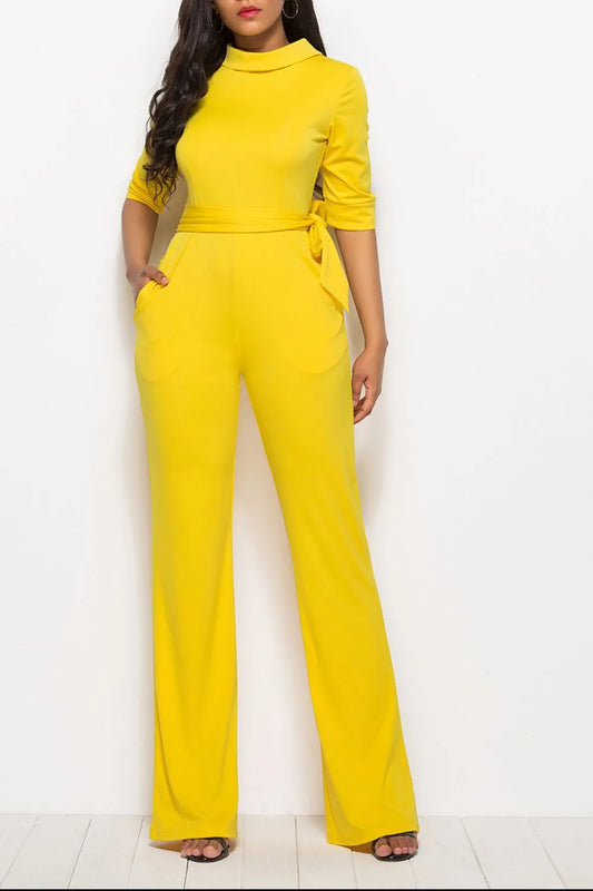Mock Neck Tie-Waist Half Sleeve Jumpsuit - product photo 1