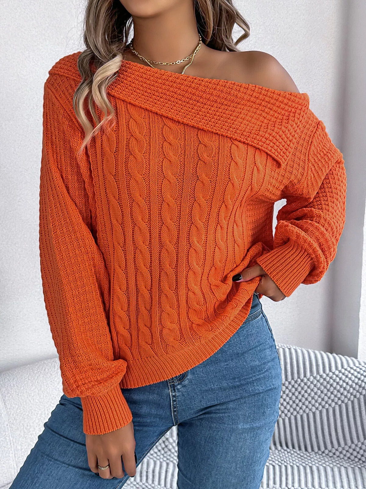 One Shoulder Cable Knit Sweater - Orange - View 2