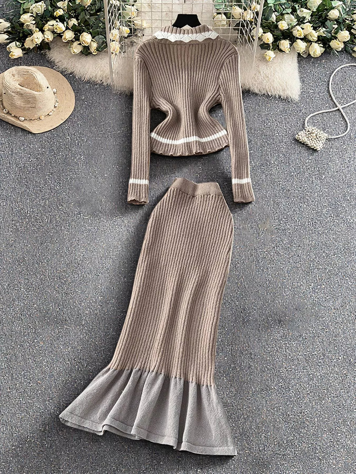 Ribbed Knit Cardigan and Skirt Sweater Set - Khaki - View 4