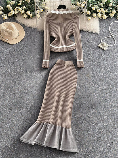 Ribbed Knit Cardigan and Skirt Sweater Set - Khaki - View 4