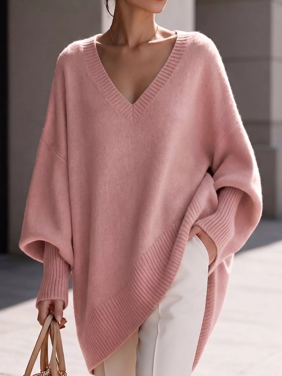 Full Size V-Neck Oversized Batwing Sleeve Sweater Plus Size - Pink - View 30