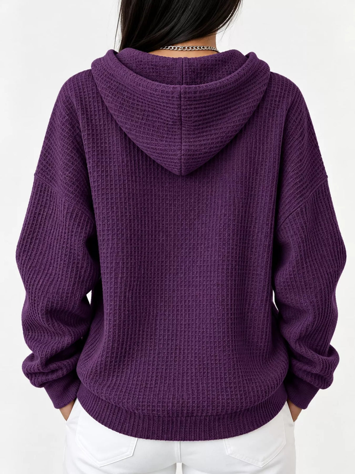 Full Size Waffle Knit Button Detail Hoodie Plus Size - Purple - View 42