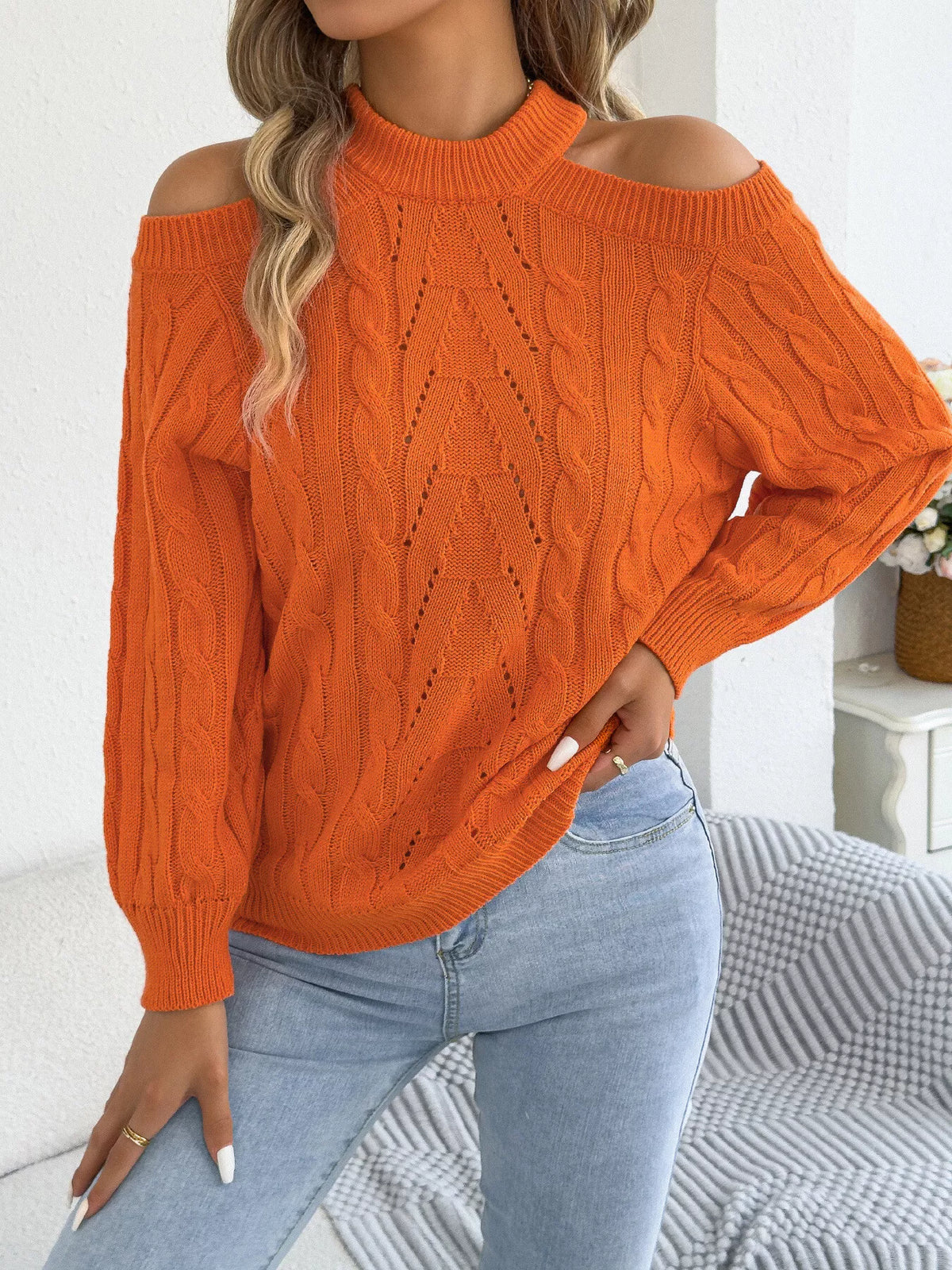Cold Shoulder Cable Knit Sweater - Orange - View 4