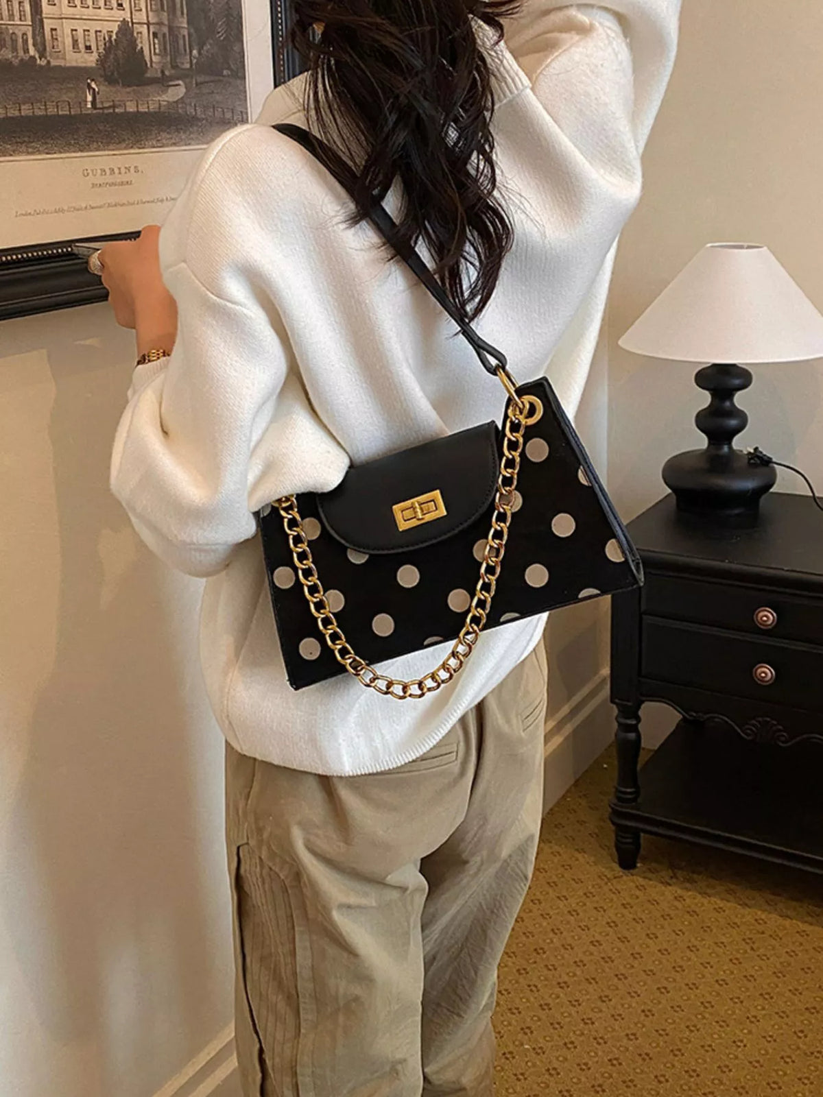 Polka Dot Shoulder Bag - Black - View 3