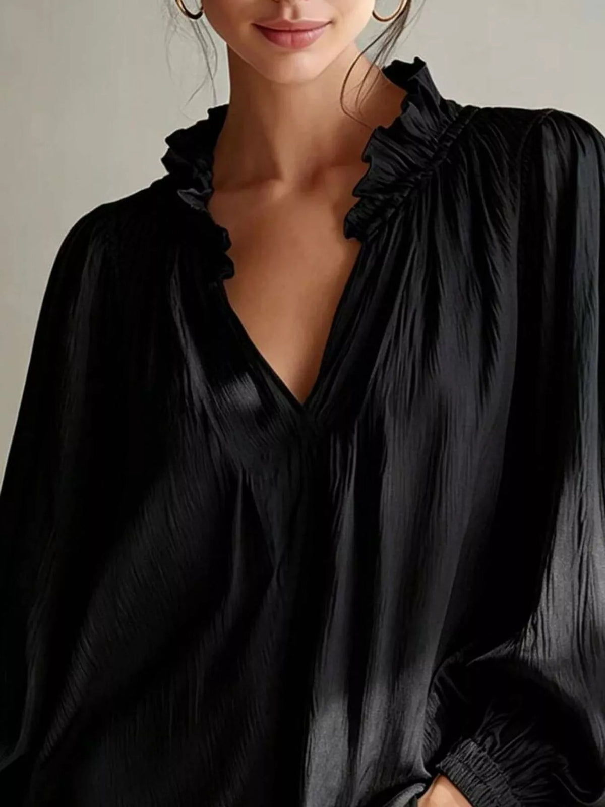 Ruffle Trim Long Sleeves Blouse - Black - View 2