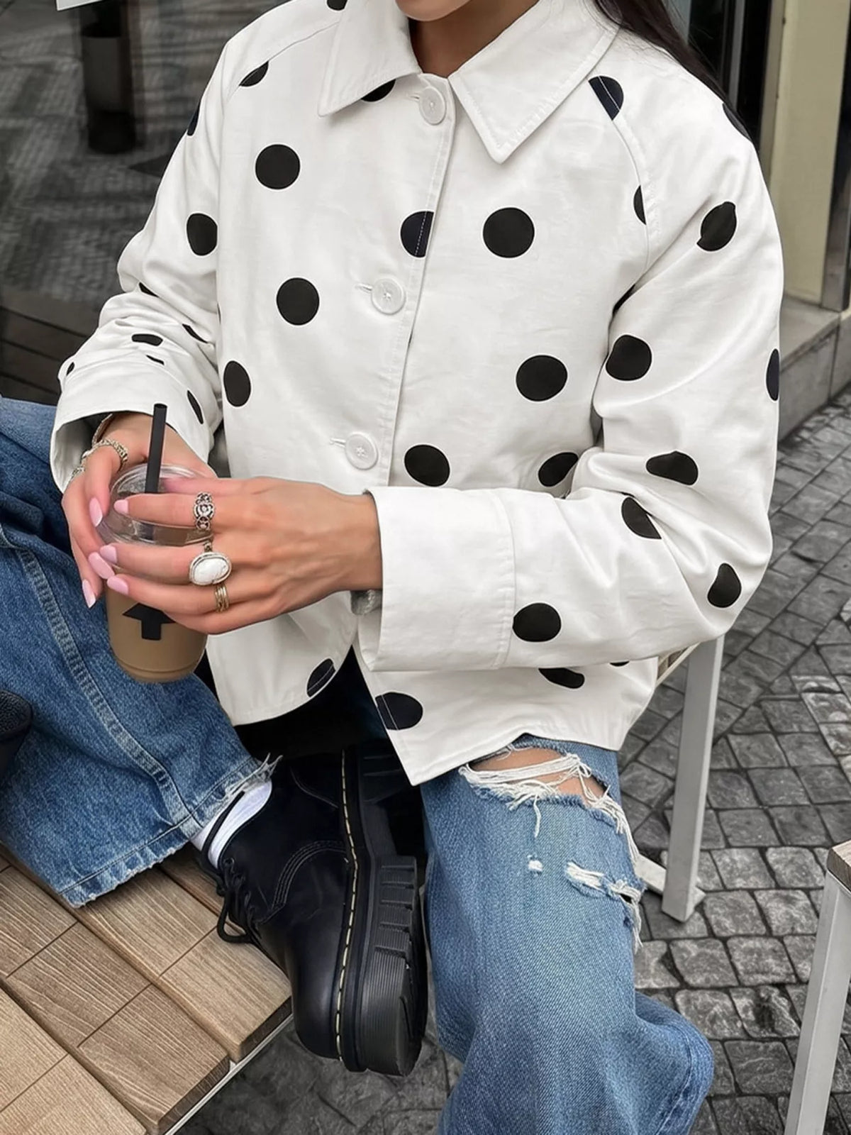 Polka Dot Button-Down Jacket - White - View 1