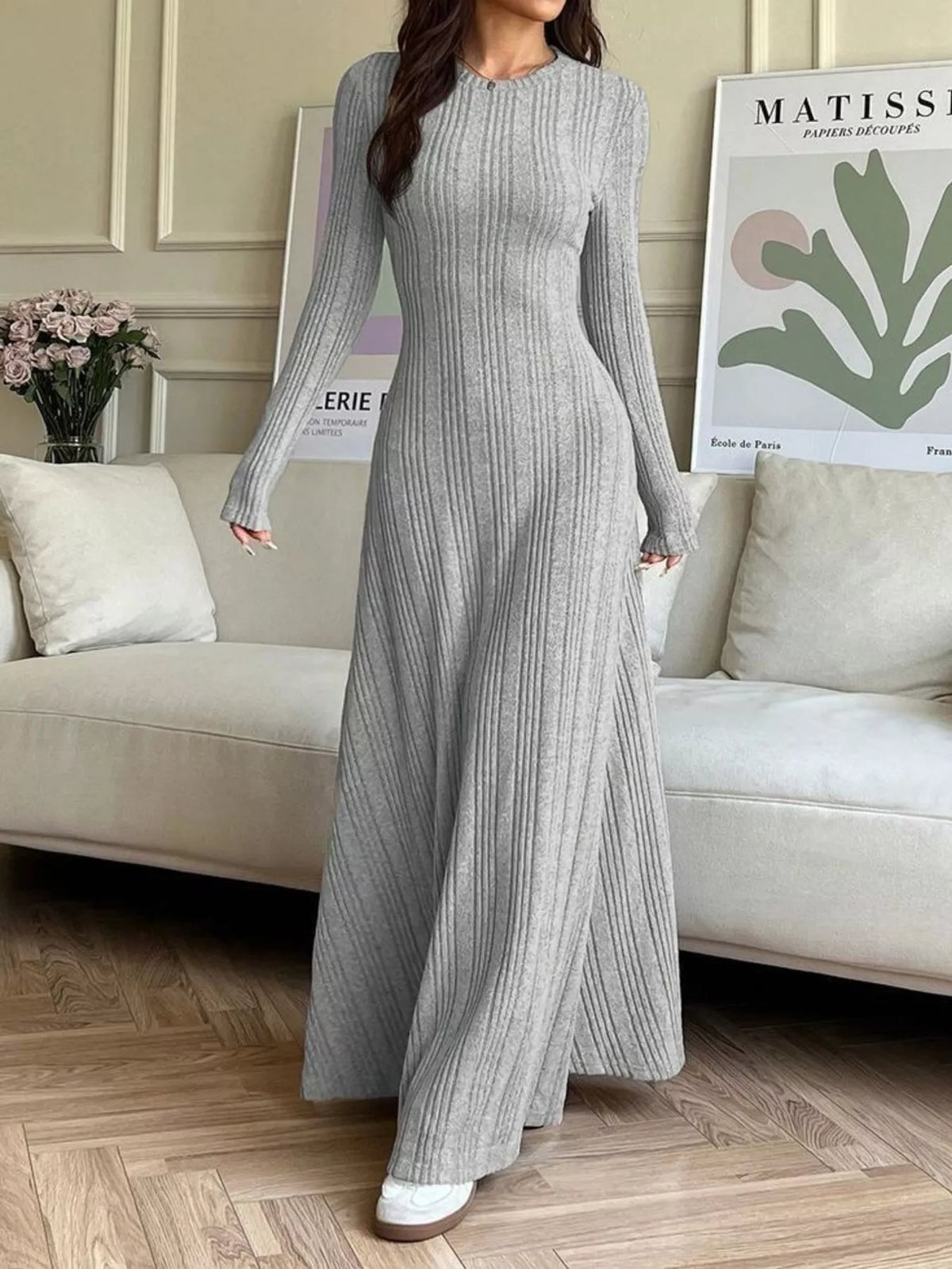 Long Sleeve Ribbed Knit Dress - Gray - View 1