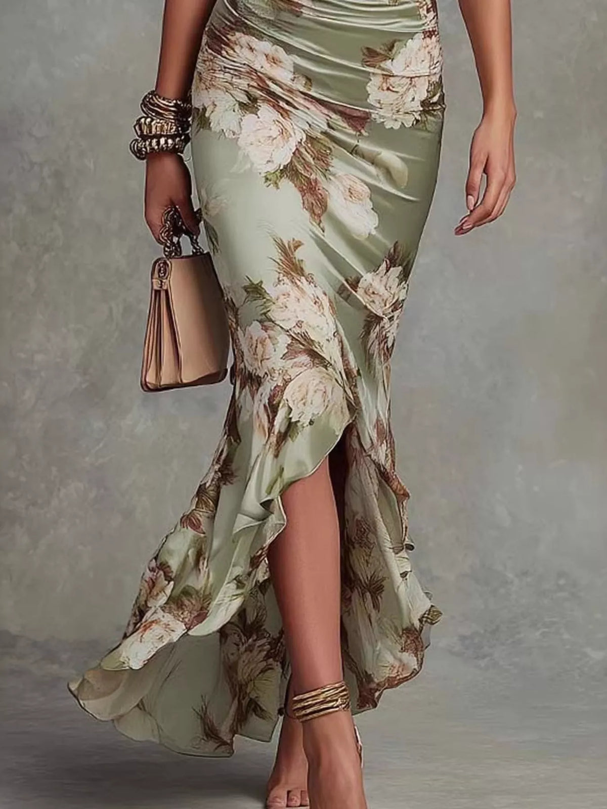 Floral Ruched High-Low Midi Dress - Sage - View 5