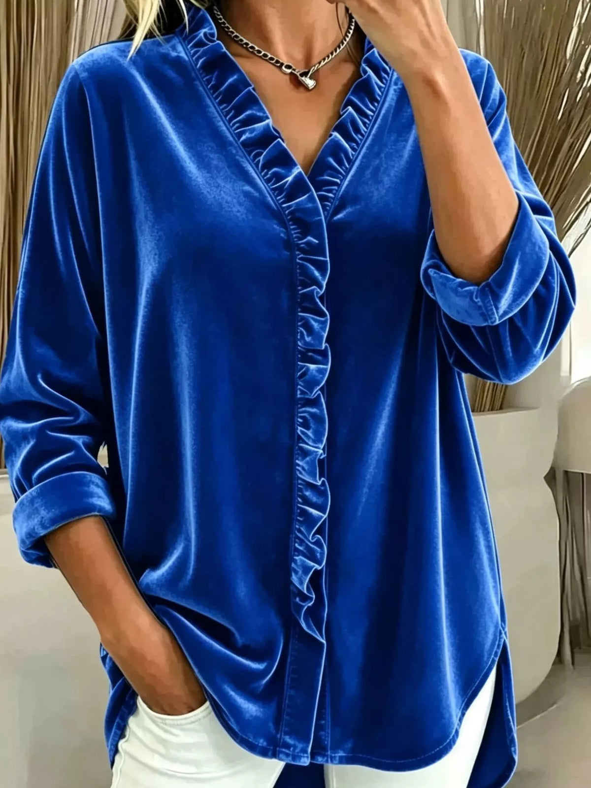 Velvet Frill V-Neck Blouse - Blue - View 1