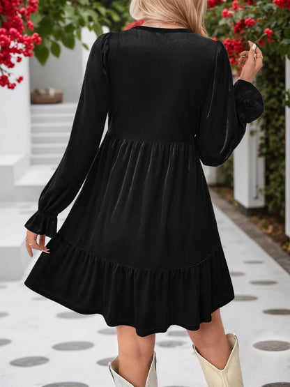 Velvet V-Neck Long Sleeve Ruffle Hem Mini Dress - Black - View 4