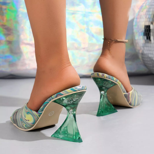 Open Toe Block Heels Sandals - Green - View 2