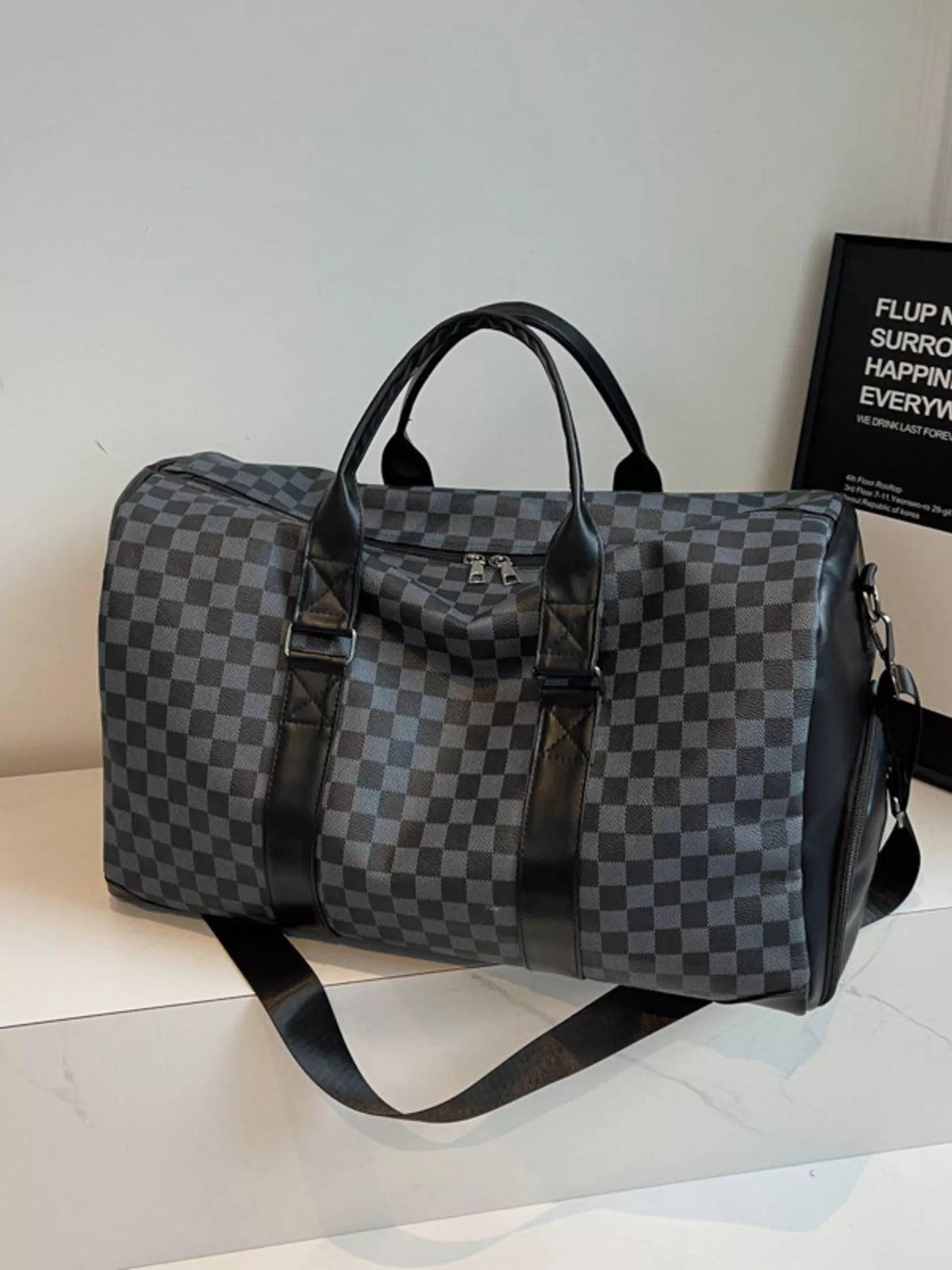 Checkered Pattern Travel Bag - Black - View 5