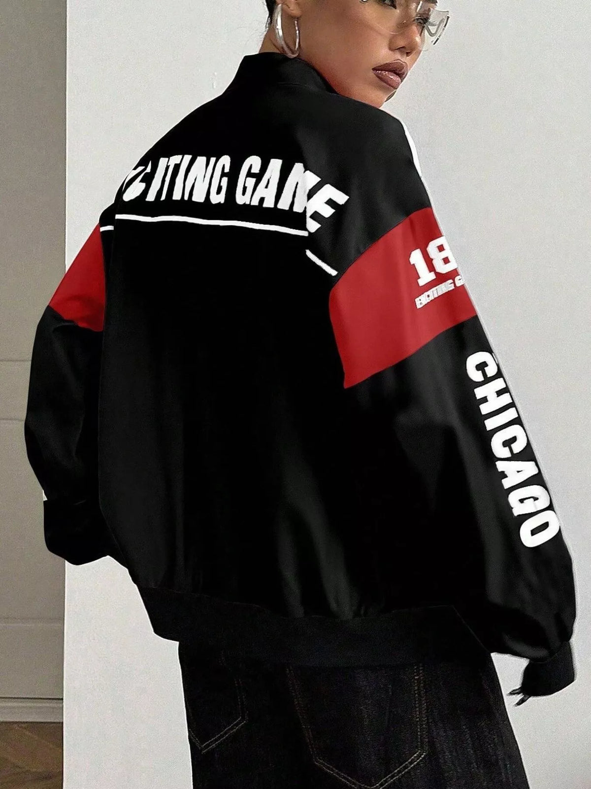 Letter Print Zip Up Jacket - Black - View 4