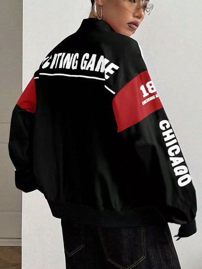Letter Print Zip Up Jacket - Black - View 4