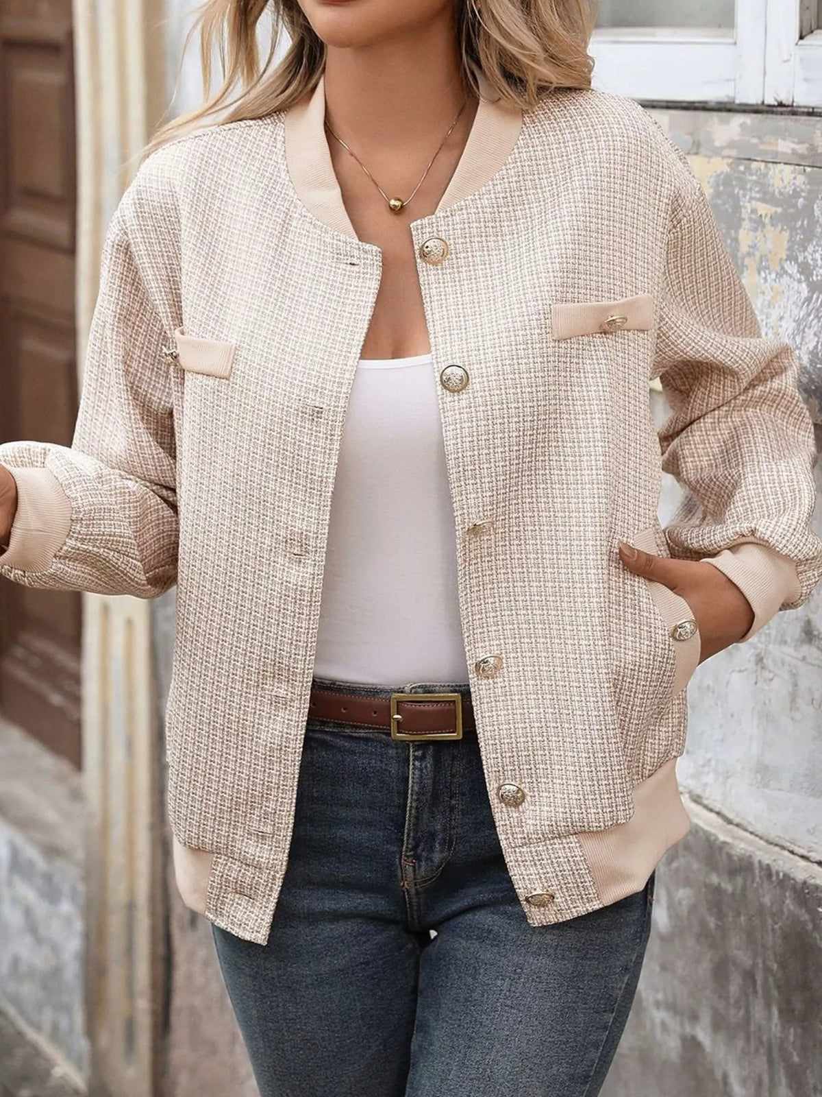 Button Up Long Sleeve Jacket - Khaki - View 3
