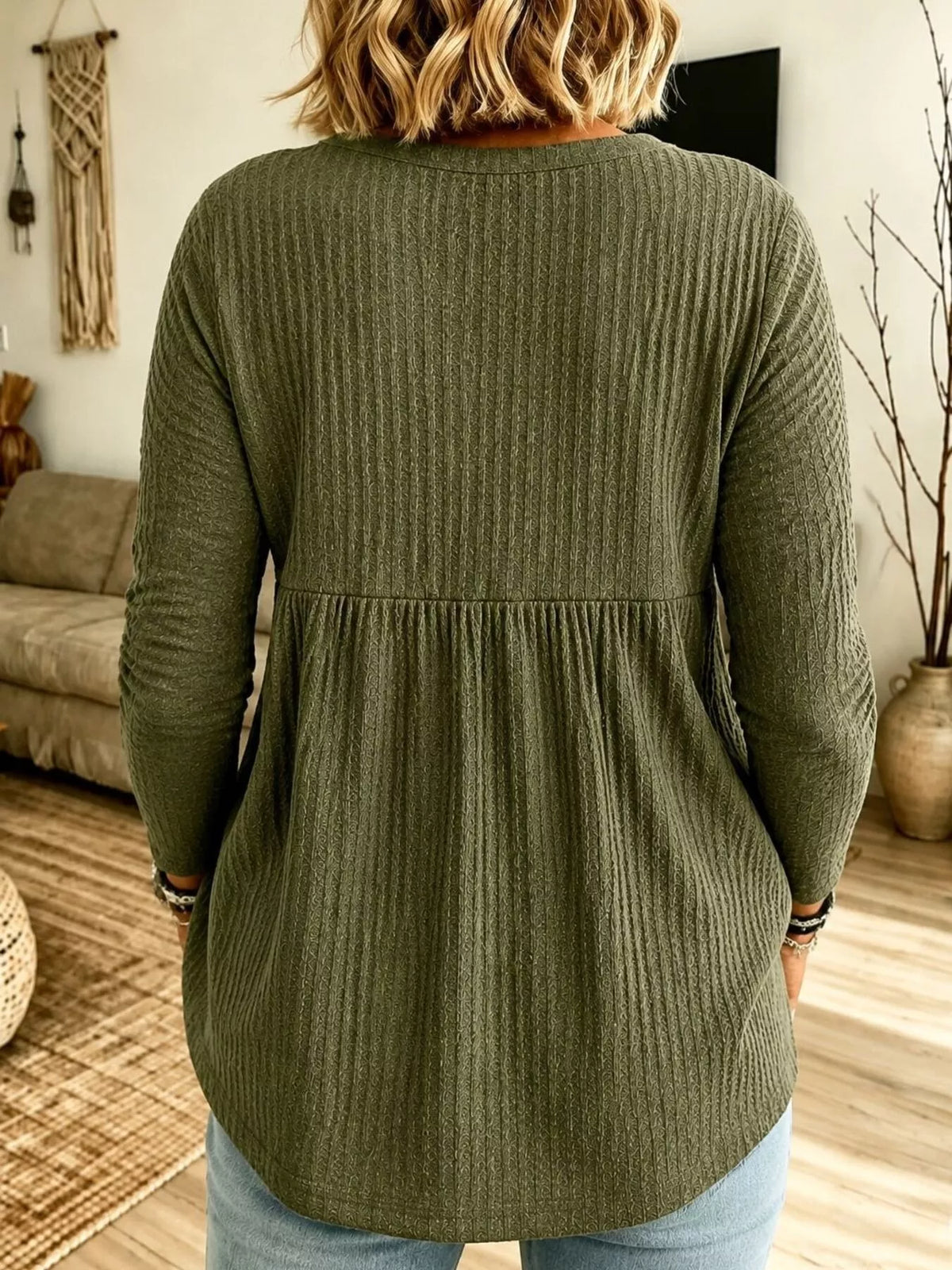 Button Detail Knitted Casual Top - Army Green - View 4