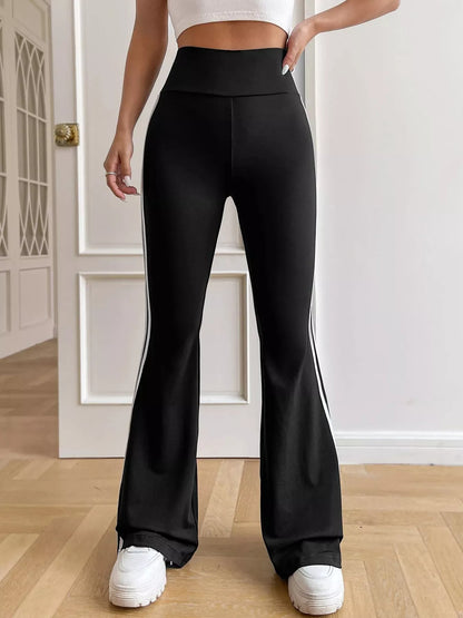 High-Waisted Side-Striped Flare Active Pants - Black and White Strips - View 1