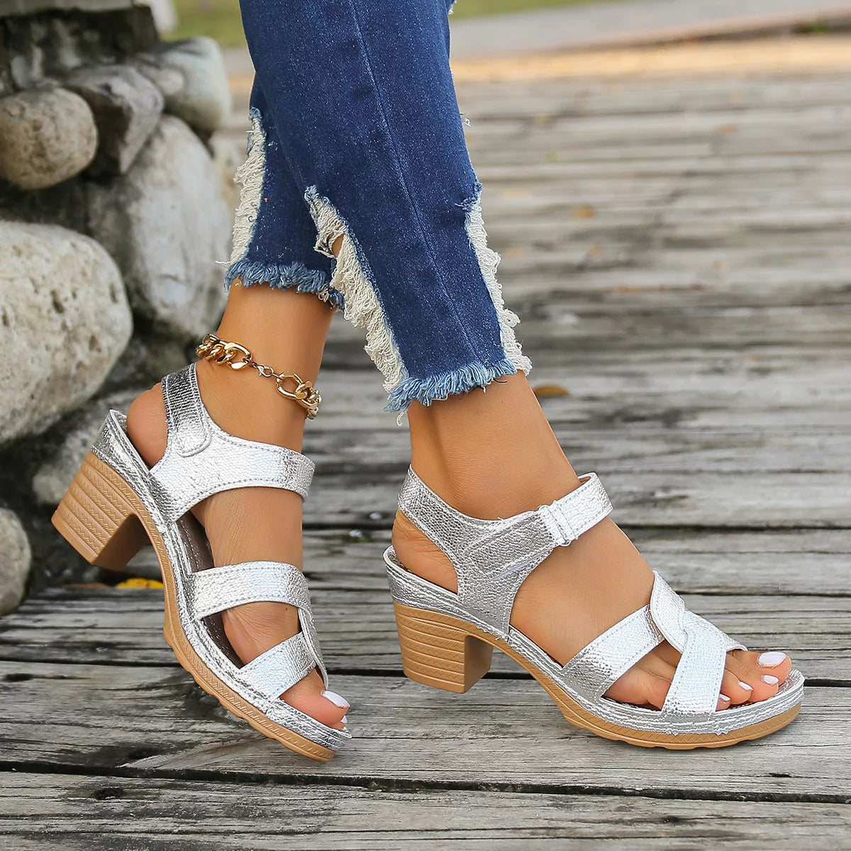 Open Toe Block Heels Sandals - Silver - View 6