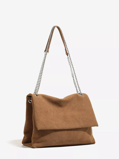 Suede Shoulder Bag with Metallic Chain Strap - Brown - View 2
