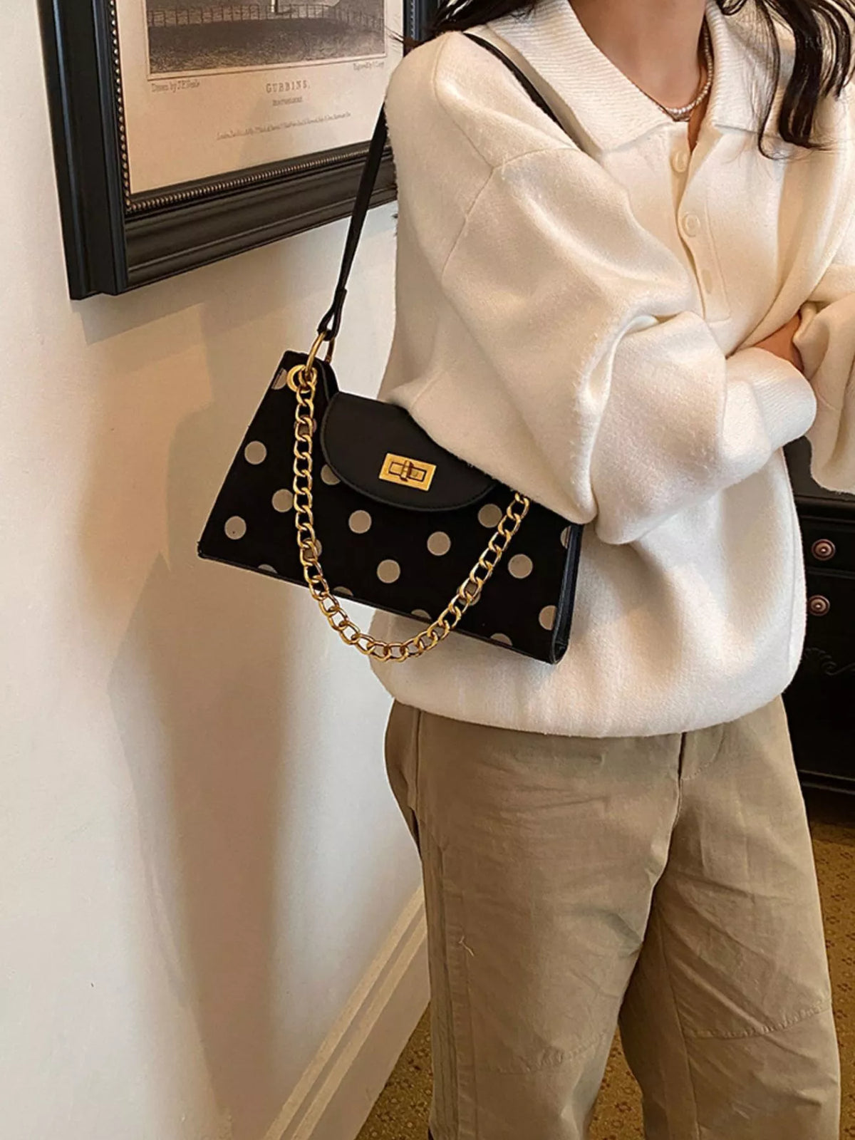 Polka Dot Shoulder Bag - Black - View 1