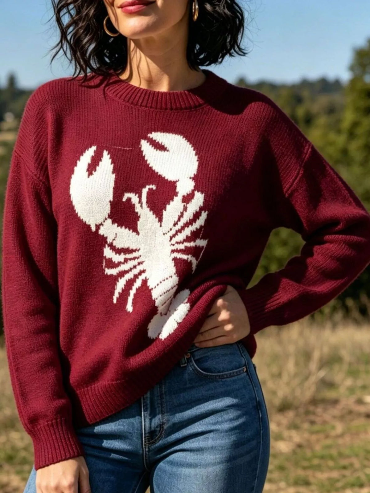 Lobster Graphic Crew Neck Sweater - Deep Red - View 1