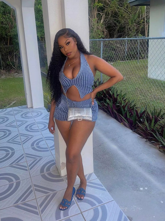 Halter Neck Top and Shorts Sweater Set - product photo 1