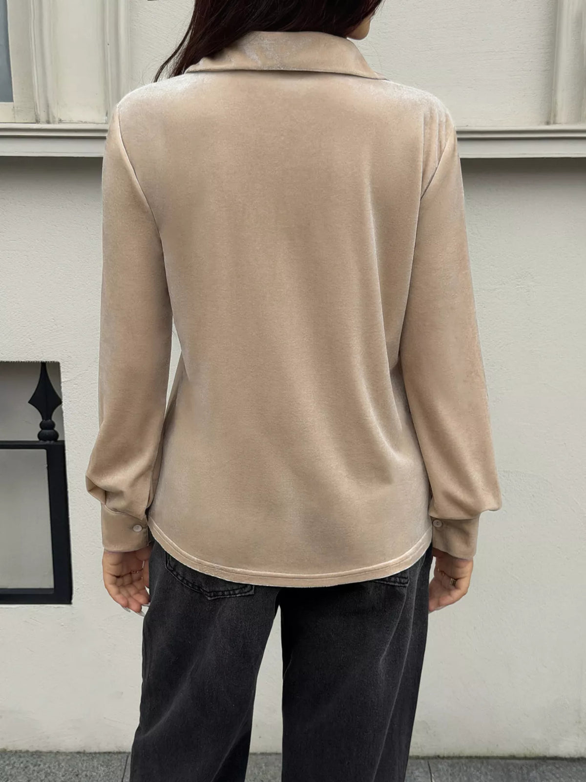 Velvet Button-Down Shirt with Chest Pocket - Khaki Color - View 6