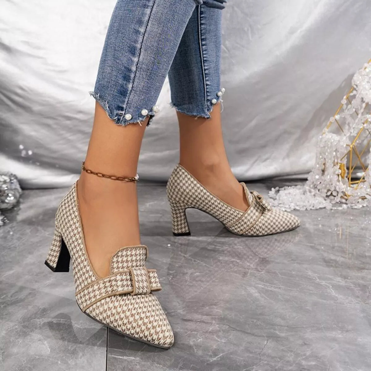 Point Toe Block Heels Pumps - Khaki Color - View 6